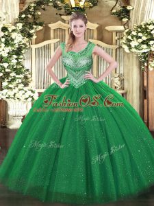 Flare Ball Gowns Ball Gown Prom Dress Dark Green Scoop Tulle Sleeveless Floor Length Lace Up