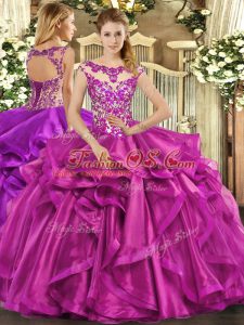 Stunning Fuchsia Organza Lace Up Quinceanera Dress Sleeveless Floor Length Beading and Appliques and Ruffles