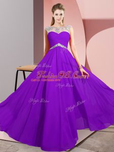 Purple Chiffon Clasp Handle Teens Party Dress Sleeveless Floor Length Beading