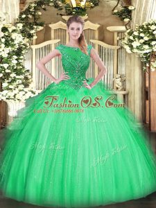 Sleeveless Floor Length Beading and Ruffles Zipper Sweet 16 Quinceanera Dress with Apple Green