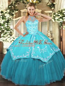 Attractive Aqua Blue Ball Gowns Beading and Embroidery Sweet 16 Quinceanera Dress Lace Up Satin and Tulle Sleeveless Floor Length