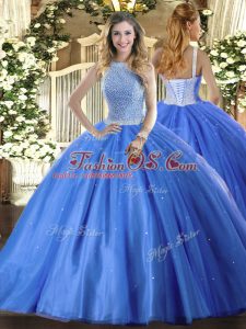 Nice High-neck Sleeveless 15th Birthday Dress Floor Length Beading Baby Blue Tulle