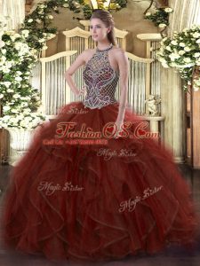 Stylish Rust Red Sleeveless Organza Lace Up Quince Ball Gowns for Sweet 16 and Quinceanera