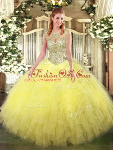 Yellow Quinceanera Dress Military Ball and Sweet 16 and Quinceanera with Beading and Ruffles Scoop Sleeveless Lace Up