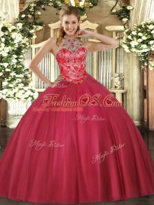 Coral Red Sleeveless Beading Floor Length Sweet 16 Dresses