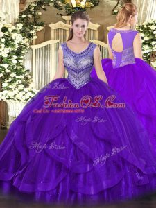 High Quality Eggplant Purple Scoop Lace Up Beading and Ruffles Quinceanera Gowns Sleeveless