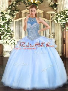 Dramatic Sleeveless Tulle Floor Length Lace Up Sweet 16 Dress in Blue with Beading