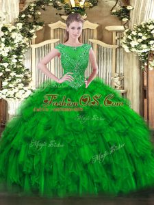 Customized Sleeveless Organza Floor Length Zipper Sweet 16 Dress in Green with Beading and Ruffles
