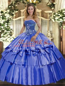 Free and Easy Blue Sleeveless Organza and Taffeta Lace Up Quinceanera Dresses for Military Ball and Sweet 16 and Quinceanera