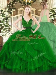 Graceful Dark Green Zipper Quinceanera Dress Beading and Ruffles Sleeveless Floor Length
