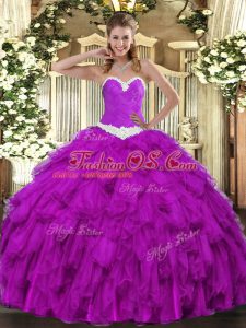 Purple Organza Lace Up Quinceanera Dresses Sleeveless Floor Length Appliques and Ruffles