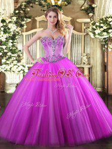 Custom Design Fuchsia Lace Up Sweetheart Beading Quinceanera Dresses Tulle Sleeveless