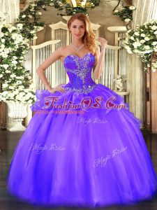 Elegant Purple Ball Gowns Beading Quinceanera Gowns Lace Up Tulle Sleeveless Floor Length