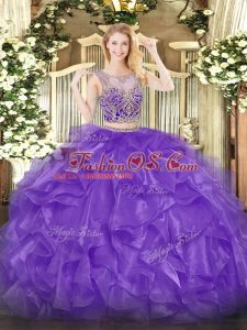 High End Eggplant Purple Two Pieces Organza Scoop Sleeveless Beading and Ruffles Floor Length Lace Up Sweet 16 Dresses