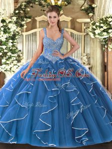 Sexy Blue Tulle Lace Up V-neck Sleeveless Floor Length Vestidos de Quinceanera Beading and Ruffles