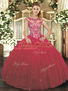 Artistic Floor Length Wine Red Vestidos de Quinceanera Scoop Cap Sleeves Lace Up