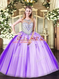 Exquisite Lavender Zipper Scoop Beading and Appliques 15 Quinceanera Dress Tulle Sleeveless