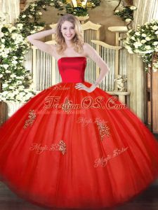 Discount Red Strapless Neckline Appliques Ball Gown Prom Dress Sleeveless Zipper