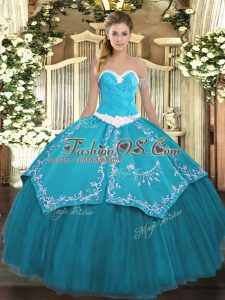Fashion Teal Ball Gowns Organza and Taffeta Sweetheart Sleeveless Appliques and Embroidery Floor Length Lace Up 15 Quinceanera Dress