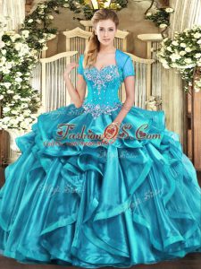 Popular Aqua Blue Ball Gowns Organza Sweetheart Sleeveless Beading and Ruffles Floor Length Lace Up Quinceanera Gown