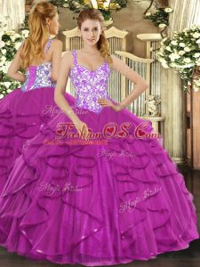 Fuchsia Sleeveless Tulle Lace Up Quinceanera Gowns for Sweet 16 and Quinceanera