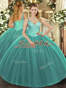 Artistic Turquoise Lace Up Sweet 16 Dress Beading Sleeveless Floor Length