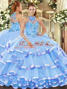 Fine Baby Blue Ball Gowns Beading and Embroidery Quince Ball Gowns Lace Up Organza Sleeveless Floor Length