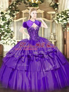 Floor Length Lace Up Sweet 16 Dresses Purple for Military Ball and Sweet 16 and Quinceanera with Beading and Ruffled Layers