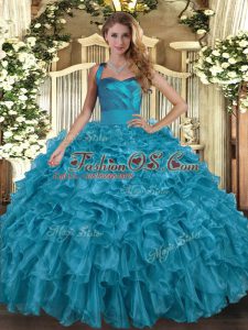 Floor Length Lace Up Quinceanera Gown Teal for Military Ball and Sweet 16 and Quinceanera with Ruffles