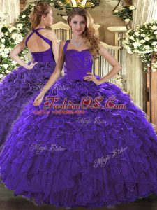 Purple Organza Lace Up Halter Top Sleeveless Floor Length Quinceanera Dress Ruffles