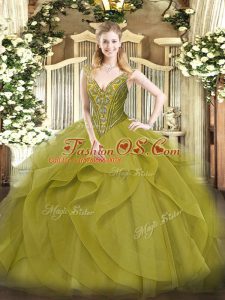 Sleeveless Floor Length Beading and Ruffles Lace Up Quince Ball Gowns with Olive Green
