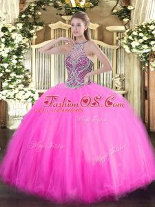 Noble Floor Length Rose Pink 15th Birthday Dress Tulle Sleeveless Beading