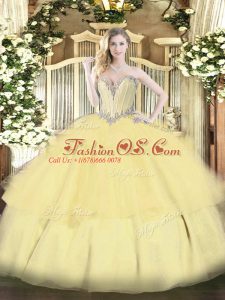Custom Design Gold Lace Up Sweetheart Beading and Ruffled Layers Quinceanera Dresses Tulle Sleeveless