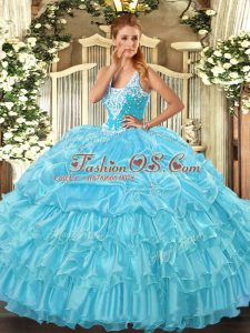 Customized Ball Gowns Ball Gown Prom Dress Aqua Blue Straps Organza Sleeveless Floor Length Lace Up