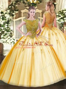 Flare Gold Cap Sleeves Floor Length Beading Lace Up 15th Birthday Dress