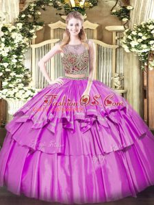 Beading and Ruffled Layers Quinceanera Gowns Lilac Lace Up Sleeveless Floor Length