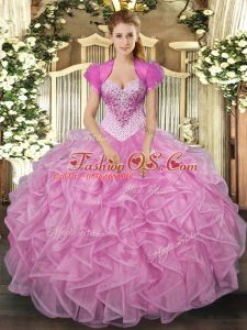 Noble Floor Length Rose Pink Sweet 16 Quinceanera Dress Organza Sleeveless Beading and Ruffles