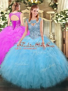 Beading and Ruffles Quince Ball Gowns Aqua Blue Lace Up Sleeveless Floor Length
