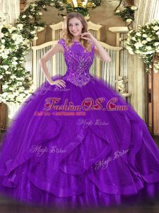 Purple Tulle Zipper Vestidos de Quinceanera Sleeveless Floor Length Beading and Ruffles