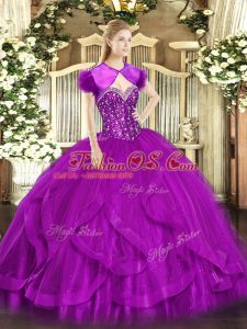 Floor Length Lace Up Quinceanera Dresses Fuchsia for Military Ball and Sweet 16 and Quinceanera with Beading and Ruffles