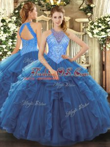 Sleeveless Floor Length Beading and Ruffles Lace Up Quinceanera Dress with Blue