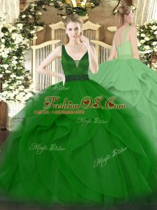 Romantic Dark Green Zipper Vestidos de Quinceanera Beading and Ruffles Sleeveless Floor Length