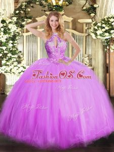 Lilac 15 Quinceanera Dress Military Ball and Sweet 16 and Quinceanera with Beading Halter Top Sleeveless Lace Up