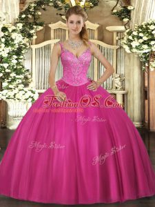 Fuchsia Tulle Lace Up V-neck Sleeveless Floor Length Quinceanera Dress Beading