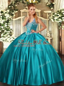 Teal Ball Gowns Beading Quince Ball Gowns Lace Up Satin Sleeveless Floor Length