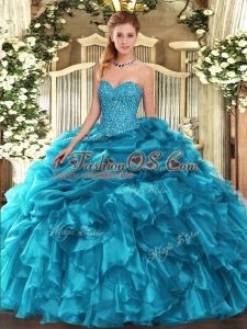 Sweetheart Sleeveless Lace Up Quince Ball Gowns Teal Organza