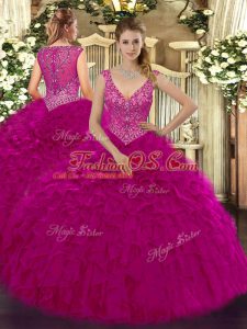 Fine Fuchsia Vestidos de Quinceanera Military Ball and Sweet 16 and Quinceanera with Beading and Ruffles V-neck Sleeveless Zipper