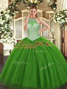 Halter Top Sleeveless Lace Up Quinceanera Gown Green Tulle