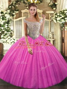 Colorful Hot Pink Ball Gowns Tulle Off The Shoulder Sleeveless Beading Lace Up Sweet 16 Quinceanera Dress