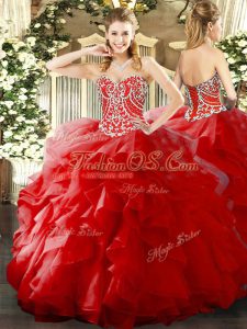 Enchanting Sleeveless Organza Floor Length Lace Up Sweet 16 Quinceanera Dress in Red with Beading and Ruffles